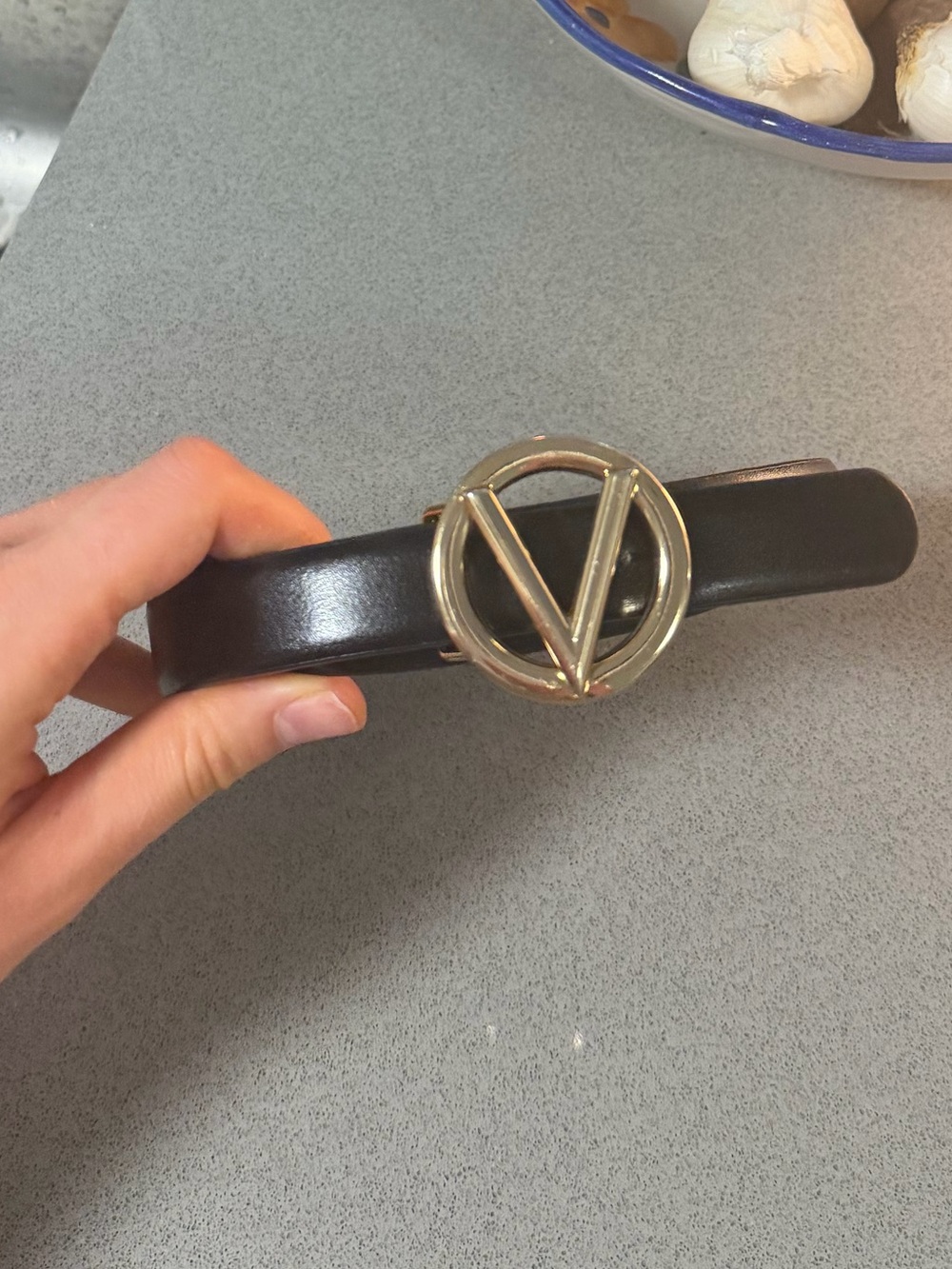Mario Valentino Black Leather Belt with Gold V Logo Buckle